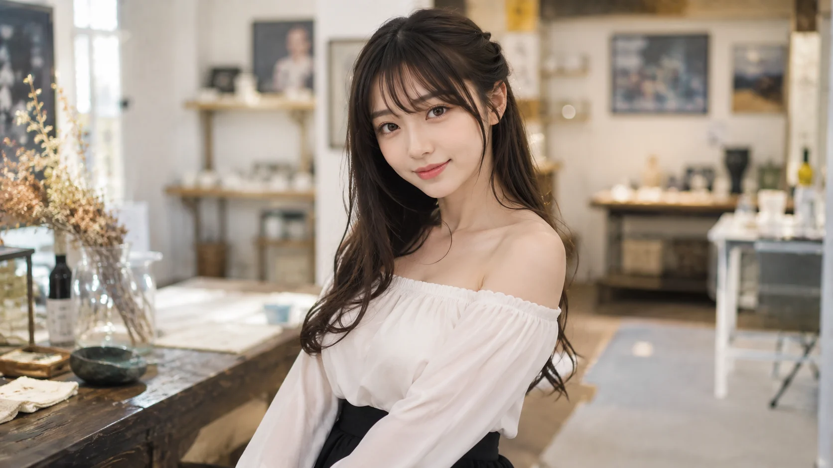 インテリアショップにいる白いワンショルを着て佇んでいる女性のポートレート