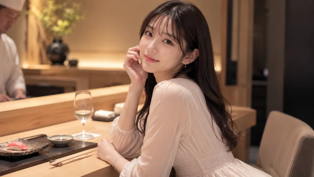 お寿司屋さんで振り返ってる澪さんポートレート