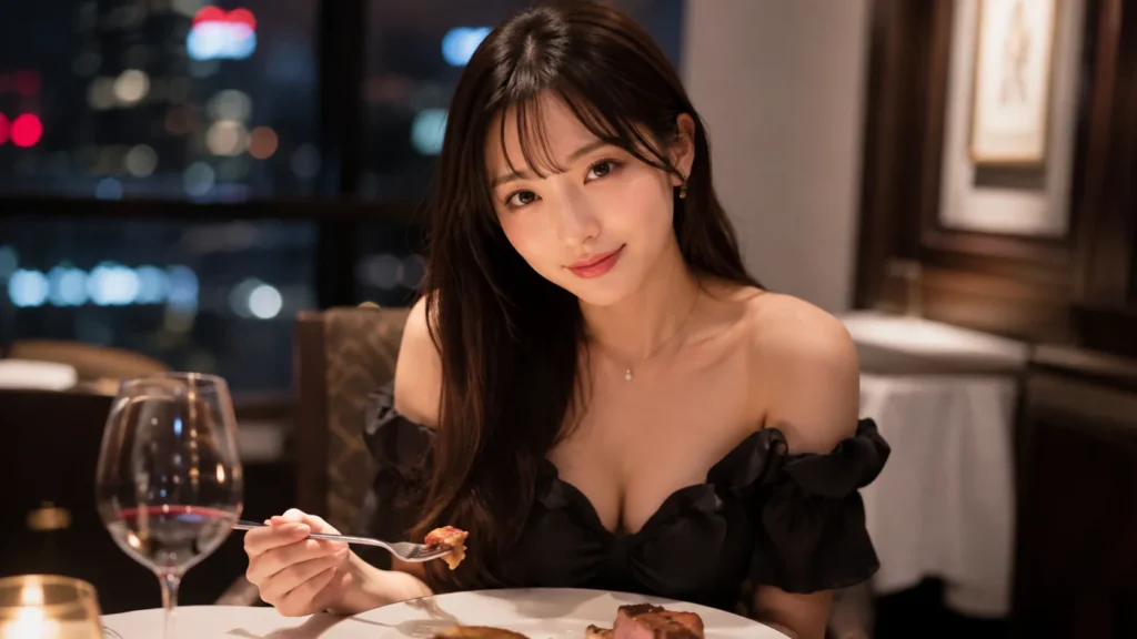 オフショルの服を着た女性が高級レストランで食事をするポートレート