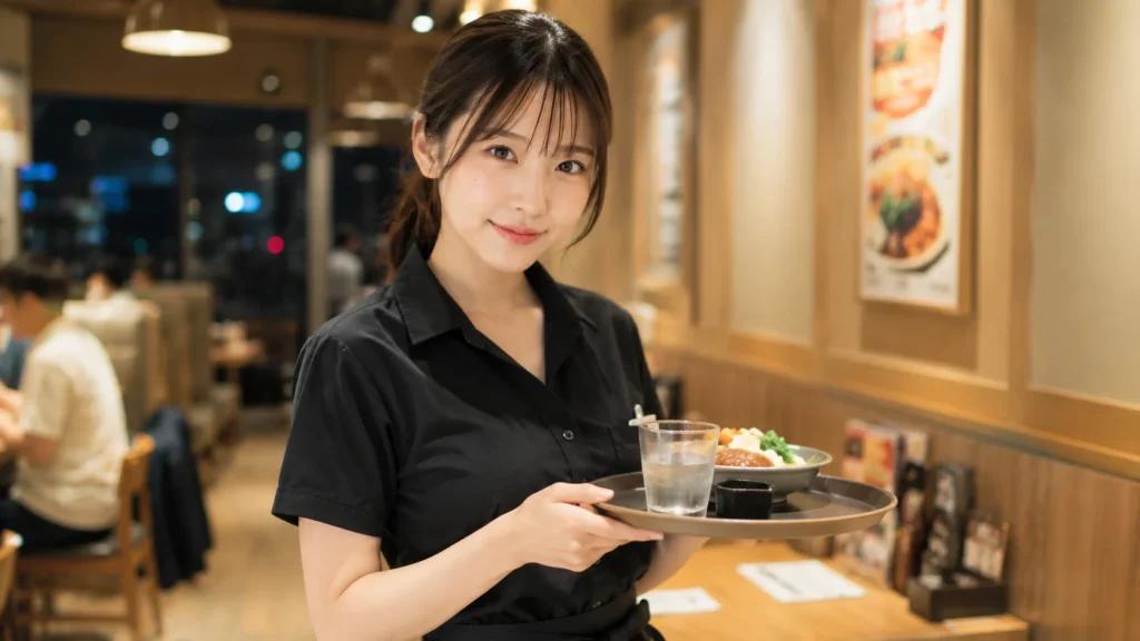 交際クラブに登録する女性「ゆなさん」が昼間のアルバイトをしているシーン